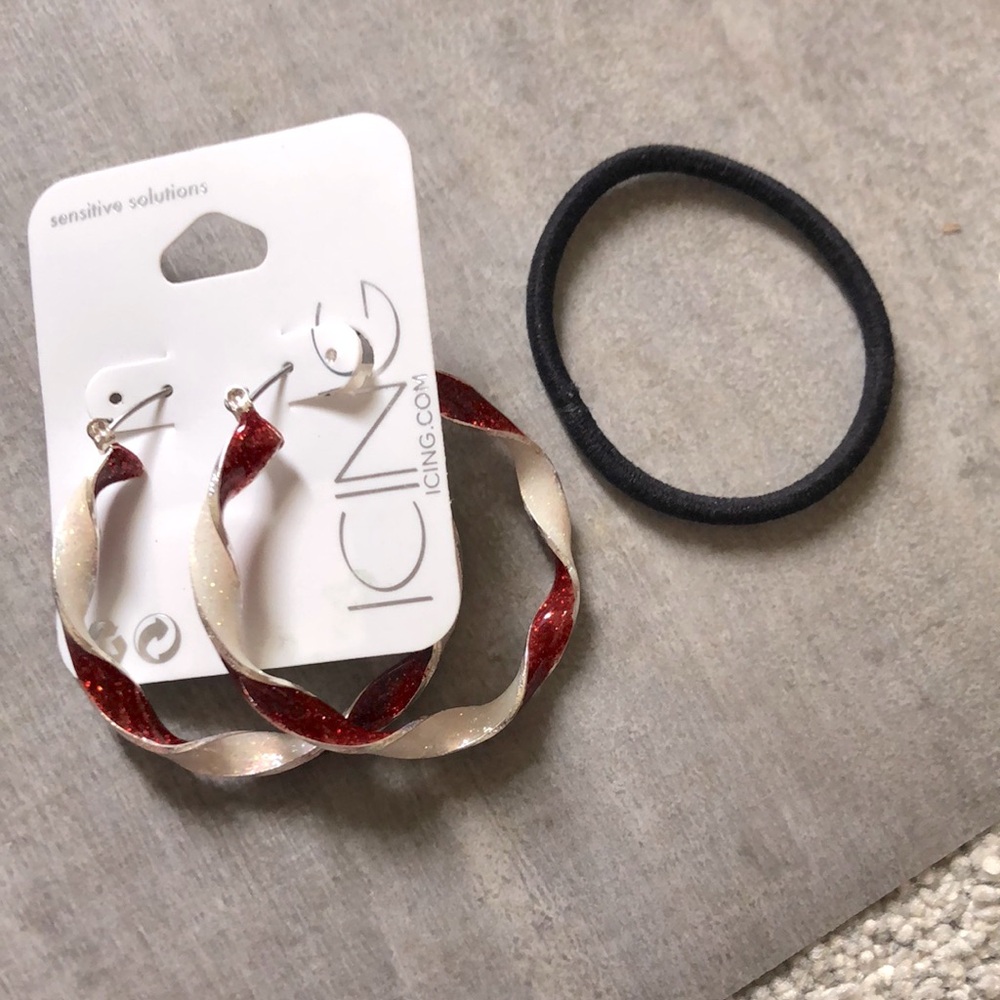 Red and white stripped hoops. Hair tie for scale. Brand new never worn.